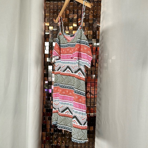 Shein Orange Pink Tan Black & Cream Print Short Sleeve Cold Shoulder Blouse Sz L - Picture 3 of 9